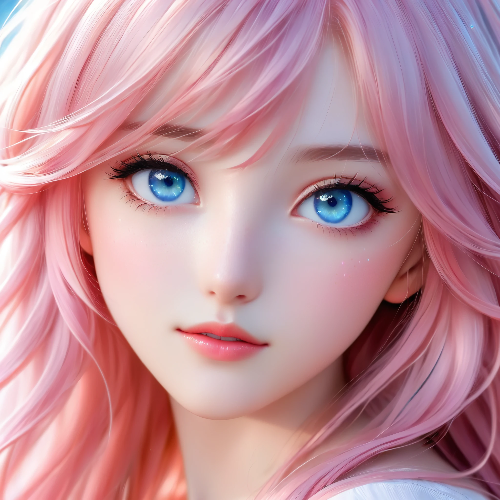 A hyper-realistic close-up portrait of an anime girl with striking blue eyes and long, flowing pink hair. She has a delicate, ethereal beauty with soft, rosy cheeks and subtle freckles. The background is softly blurred, adding to the dreamy and magical atmosphere. The girl's expression is calm and serene, capturing a sense of gentle wonder. Photo realistic, photo, vibrant colors, 16k