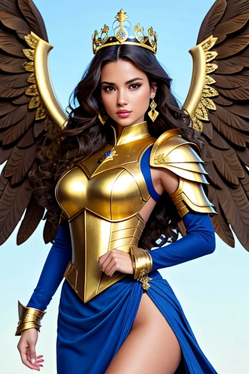 Youngh, brown skin, dark brown hair, wavy hair at the ends, latina americana, (Brazilian), americana, green eyes, Green Eye, face perfect, perfectbody, medium breasts, perfect ass,( dressed in a royal blue tunic)SLEEVELESS, with gold shoulder pad, royal blue mini skirt, angel armor, (wings de arcanjo), wings, wings brancas, wings aberta, sword in right hand held up, golden bust, gold armor bust, gold tiara on head(tails de princesa), medium diadem, tails