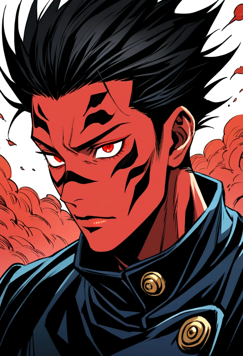 1 boy, red eyes, black hair, jujutsu kaisen character, crimson aura