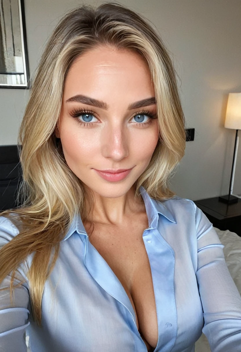 Monica, instagram selfie , a 35 year old gorgeous woman, in love with the viewer, happy smile , detailed skin face and eyes, natural lighting , at home , long thick blond hair, brown roots hair, brown eyebrows,, wearing white professional business attire, film grain, natural face, blue eyes, dark circles under eyes, big breasts, cleavage, wide shoulders, fit body, natural makeup, thin waist, He lies on the bed with his legs bent