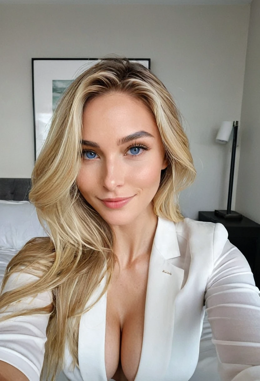 Monica, instagram selfie , a 35 year old gorgeous woman, in love with the viewer, happy smile , detailed skin face and eyes, natural lighting , at home , long thick blond hair, brown roots hair, brown eyebrows,, wearing white professional business attire, film grain, natural face, blue eyes, dark circles under eyes, big breasts, cleavage, wide shoulders, fit body, natural makeup, thin waist, He lies on the bed with his legs bent