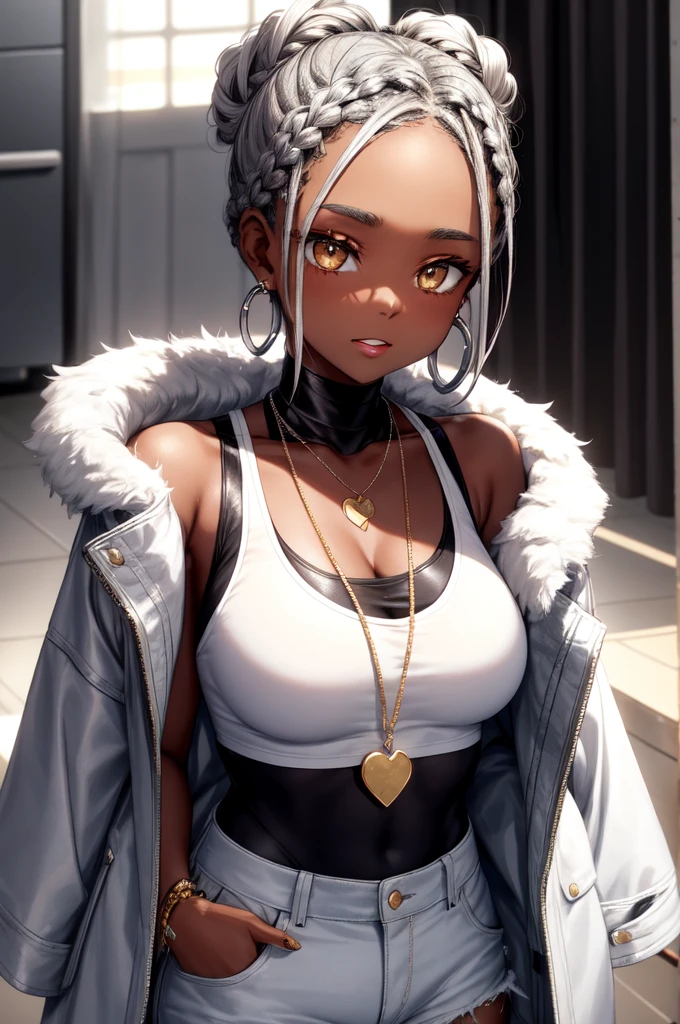 Make a 17-year-old black woman with braided hair tied in two buns with highlights on her face, ela usa piercing, silver earring and a silver heart necklace, is wearing a gold coat and a white tank top underneath