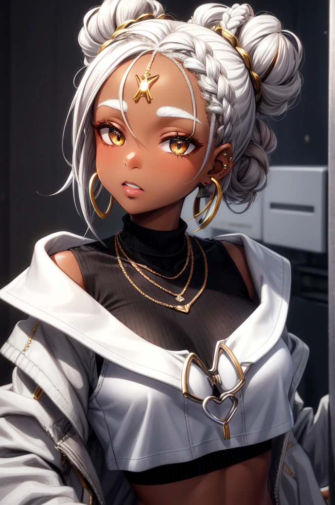 Make a -yeld bl woman with braided hair tied in two buns with highlights on her face, ela usa piercing, silver earring and a silver heart necklace, is wearing a gold coat and a white tank top underneath