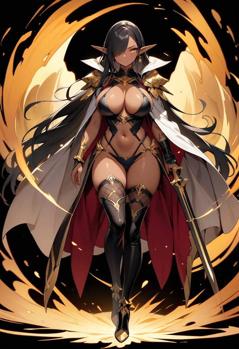 (masterpiece:1.2), (highest quality:1.2), 1girl, solo, pointy-ears, dark-skin, breasts, dark-skinned-female, transparent-background, dark-elf, large-breasts, black-hair, cape, elf, earrings, full-body, jewelry, tattoo, thighhighs, hair-over-one-eye, very-long-hair, navel, yellow-eyes, high-heels, boots, underwear, cleavage, looking-at-viewer, panties, revealing-clothes, standing
