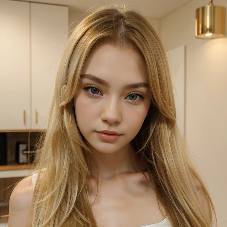Pale skin Eurasian woman with golden blond hair with brown eyes