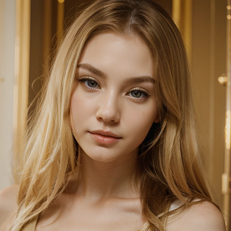 Pale skin Eurasian woman with golden blond hair with brown eyes