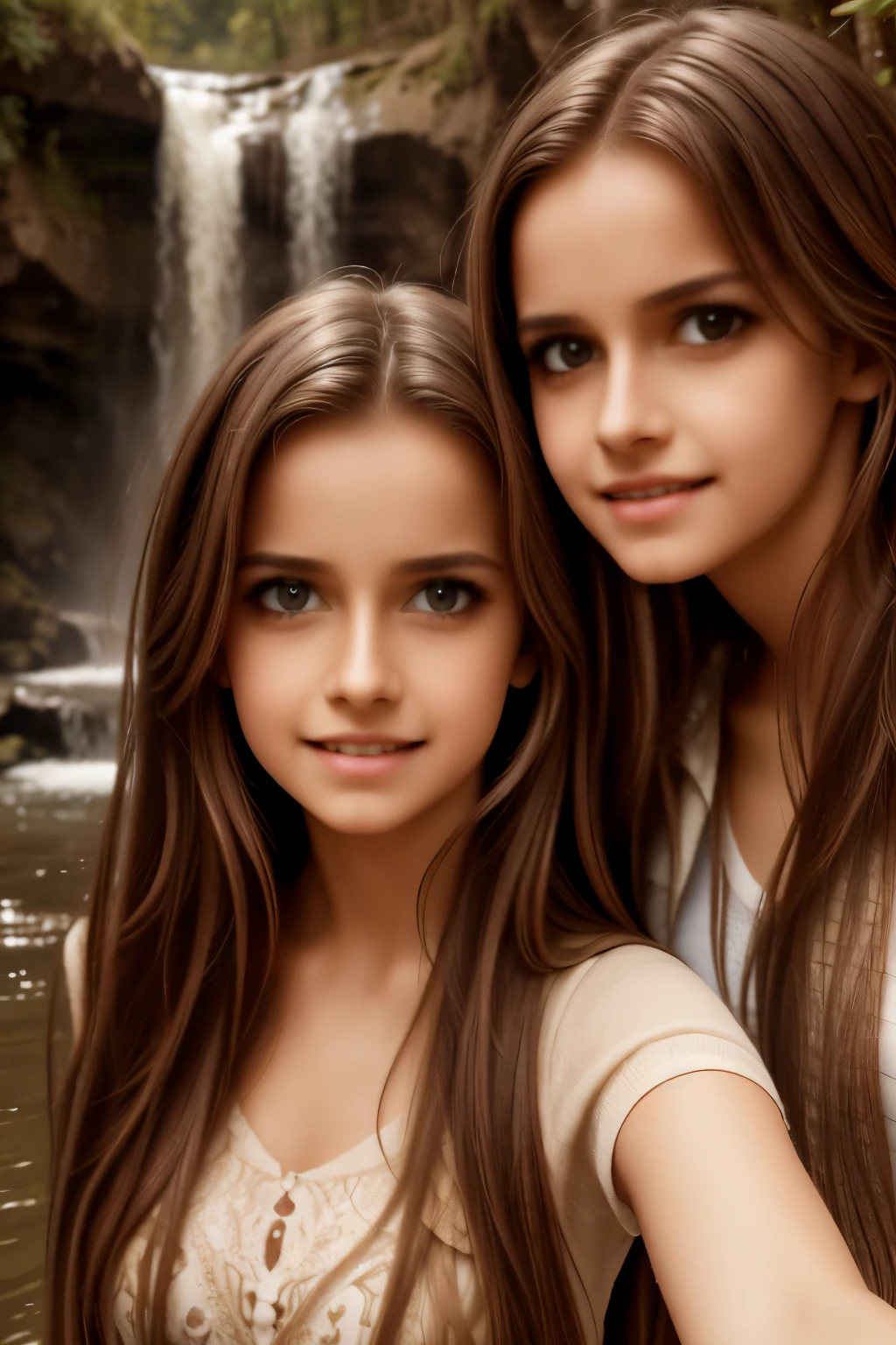 a boy and a girl taking a selfie near a waterfall, detailed portrait, beautiful eyes and lips, high quality, realistic, photorealistic, 8k, detailed background, beautiful waterfall scene, natural lighting, vibrant colors, dynamic composition, cinematic