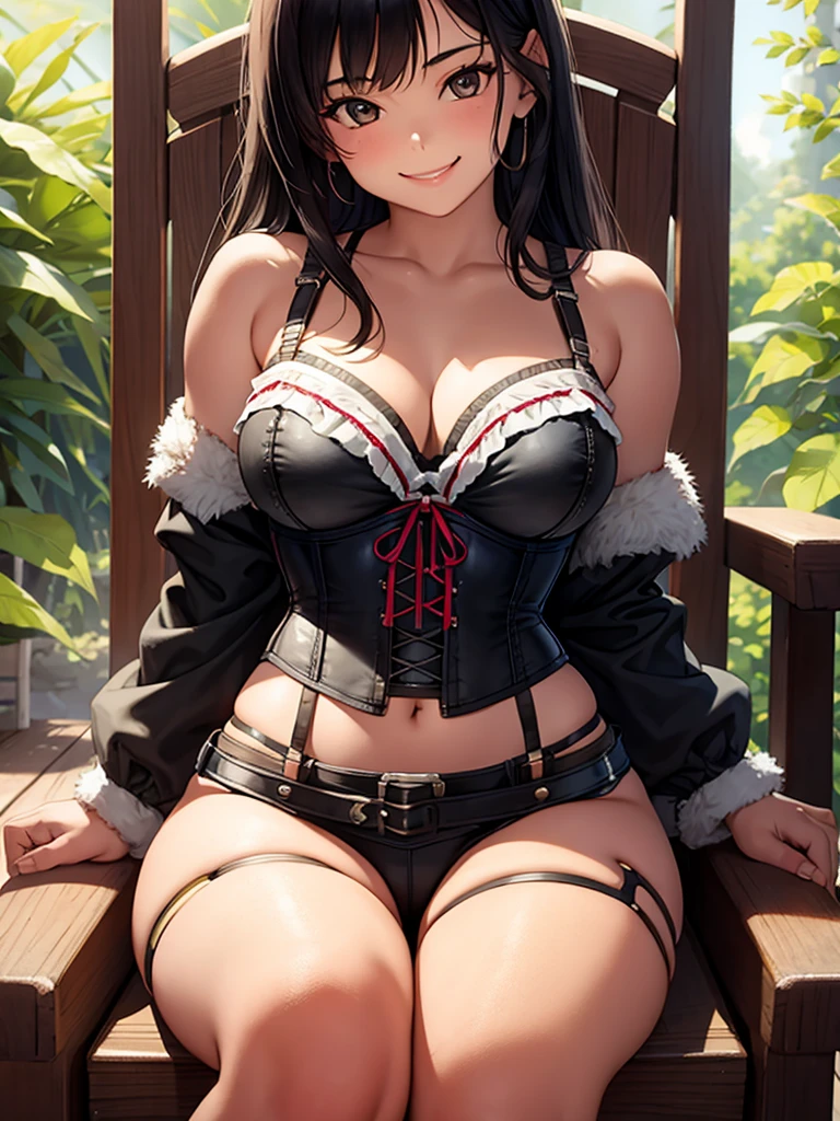 Indigenous 18 years old girl, wearing sensual corset, smiling, full body, sitting on a chair sitting with legs open


