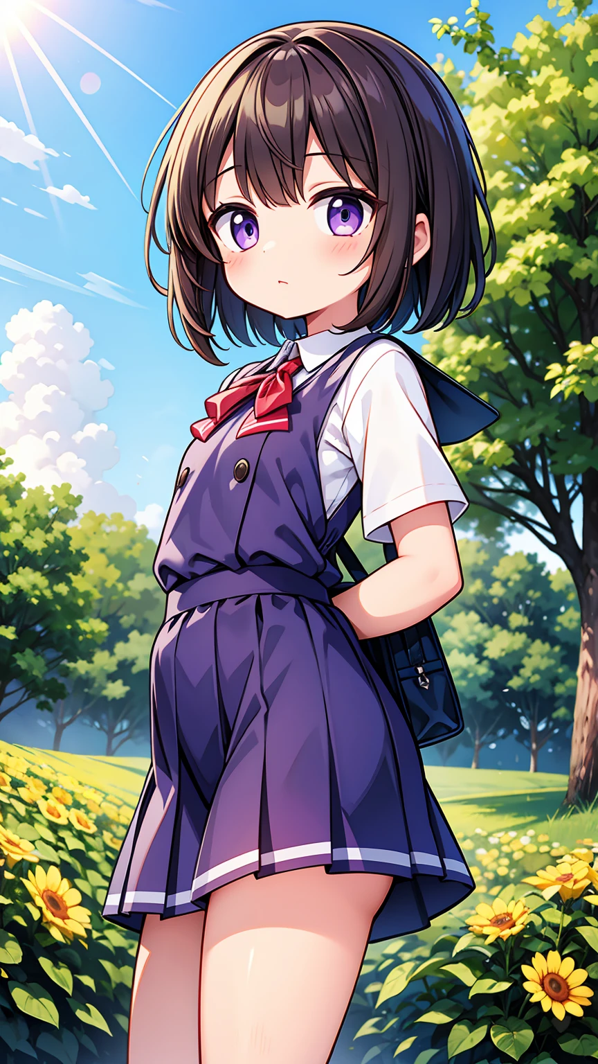 (High quality), (masterpiece), (very detailed), girl, (very small bust), short brown hair, purple eyes, shy face, (li), showing her thighs, on the school yard, sunny, camera angle from below, adorable eyes, (primar school uniform)