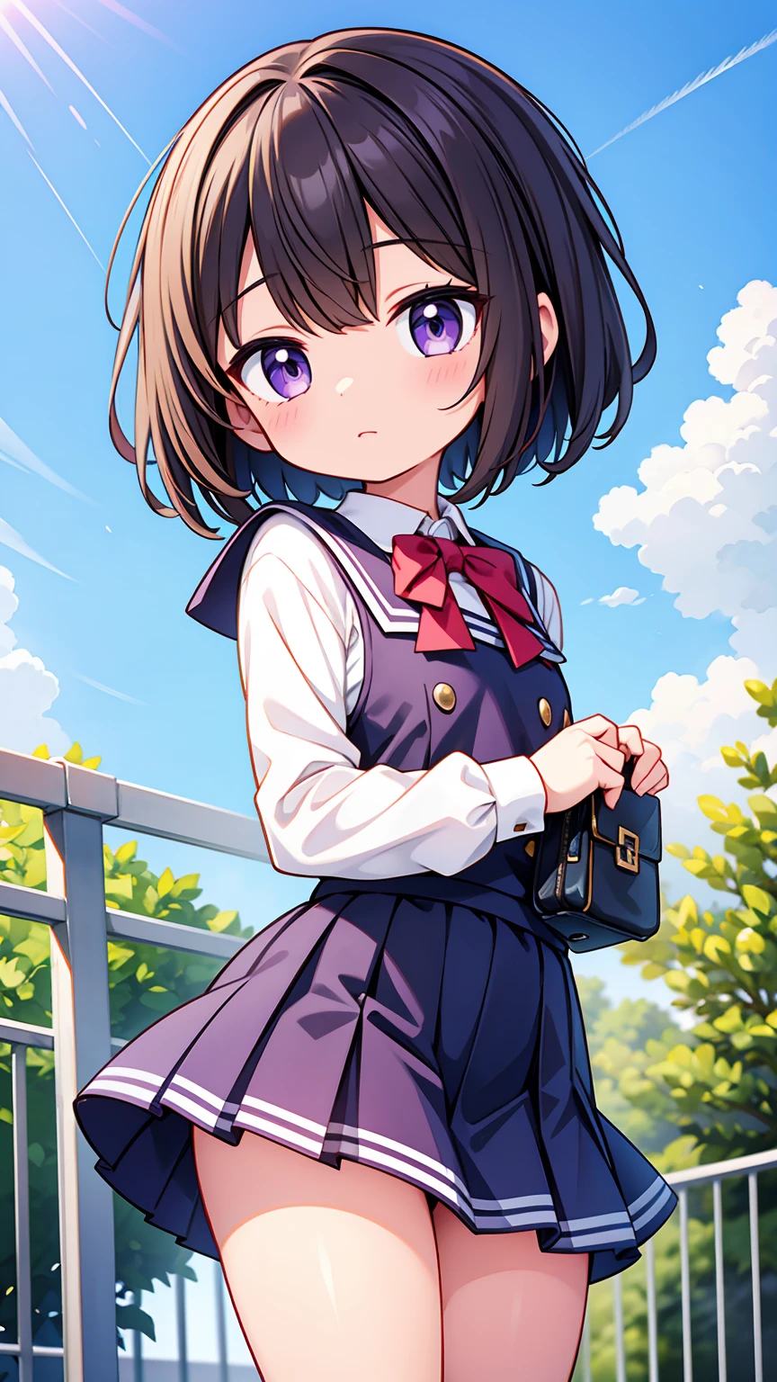 (High quality), (masterpiece), (very detailed), girl, (very small bust), short brown hair, purple eyes, shy face, (li), showing her thighs, on the school yard, sunny, camera angle from below, adorable eyes, (primar school uniform)