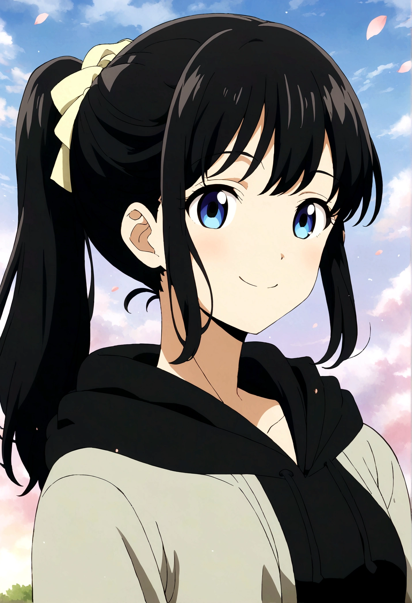 Black Hair、Blue Mesh、ponytail、Black hoodie、Girl、A big smile、Anime Style