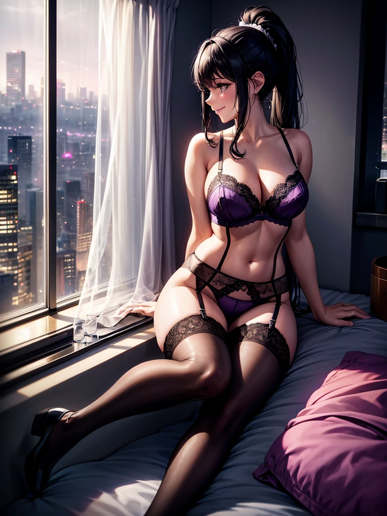 Highest quality,Highest Resolution,４K quality,Profile of a smiling woman in underwear looking at a rainy night view of a city outside a large window in her bedroom,Black hair ponytail,Dark room,Sexy Lingerie,Many water drops on the window,garter belt,High leg,Light purple underwear,Knee-high stockings,