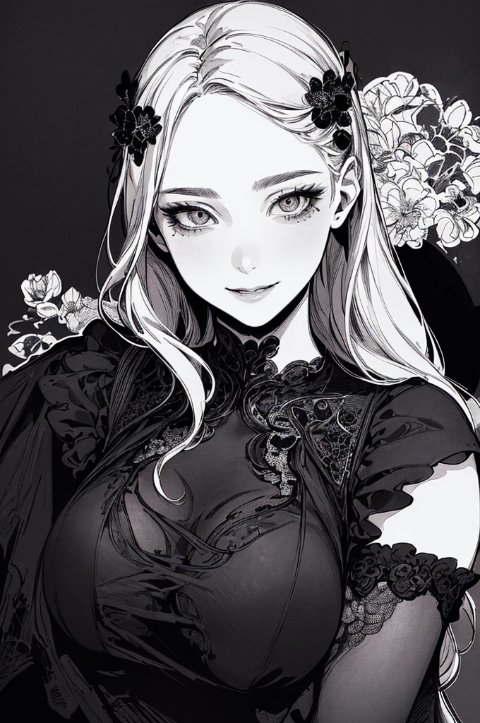 Highest quality, (Background details), High Contrast, Very beautiful woman, Detailed original illustrations、functional、Delicate face、charm、Villainess、sexy、Real breasts、Wicked Smile、 Crazy Eyes, Head close-up, Black background, (Black background: 1.5), Beautiful line art、Monochrome
