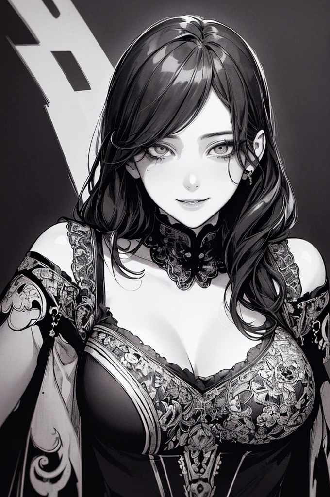 Highest quality, (Background details), High Contrast, Very beautiful woman, Detailed original illustrations、functional、Delicate face、charm、Villainess、sexy、Real breasts、Wicked Smile、 Crazy Eyes, Head close-up, Black background, (Black background: 1.5), Beautiful line art、Monochrome