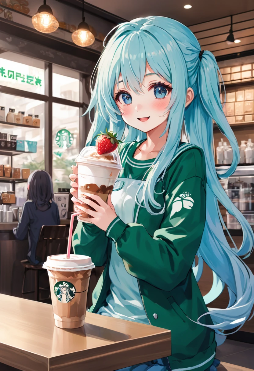 アニメのちびキャラ drinking starbucks coffee with a straw in her hand, A lively Starbucks interior、Light blue long hair、Twin-tailed anime chibi character、A cute anime chibi character with a bright smile, (Anime Girls), Cute girl anime visuals, Mysterious Coffee Shop Girl, young Anime Girls, Beautiful anime art style, Anime illustration, beautiful Anime Girls, Drink strawberry iced latte