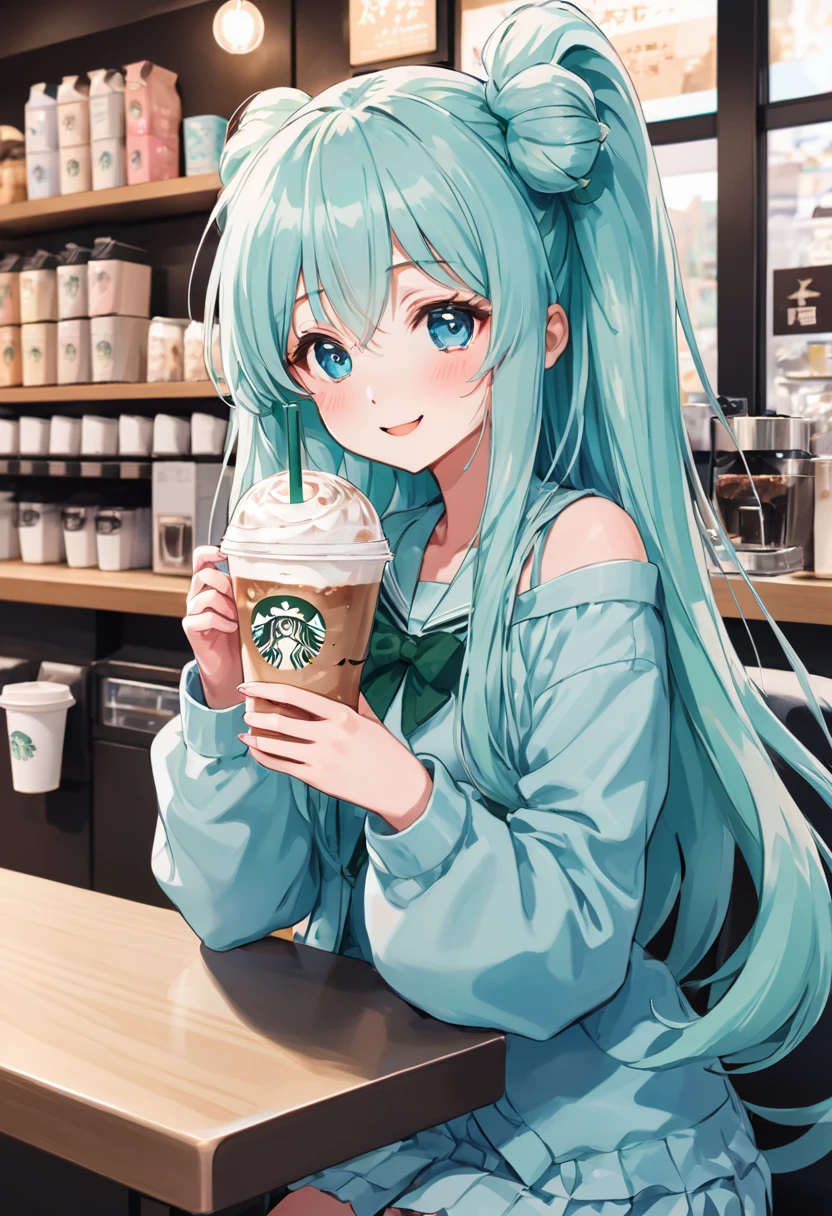 アニメのちびキャラ drinking starbucks coffee with a straw in her hand, A lively Starbucks interior、Light blue long hair、Twin-tailed anime chibi character、A cute anime chibi character with a bright smile, (Anime Girls), Cute girl anime visuals, Mysterious Coffee Shop Girl, young Anime Girls, Beautiful anime art style, Anime illustration, beautiful Anime Girls, Drink strawberry iced latte