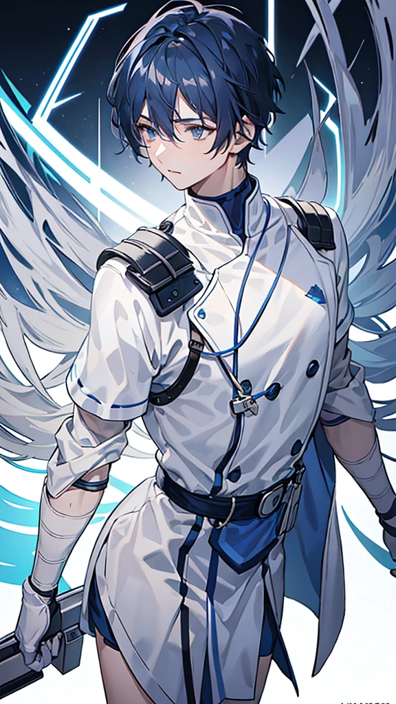 1 male, beautiful character, short dark blue hair, gray eyes, white Medical gown , white background, whole body, stand