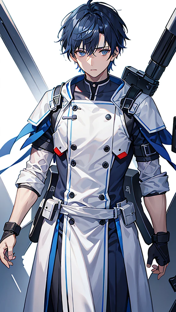1 male, beautiful character, short dark blue hair, gray eyes, white Medical gown , white background, whole body, stand