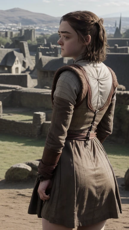 8k, Maisie Williams face, pale skin, toned abs, small breast, round ass, her round ass visible, tied long brown hair, Maisie Williams as Arya Stark, torn ragged peasant dress, standing stance, winterfell city in background, snowing, back View, sharp focus on her ass