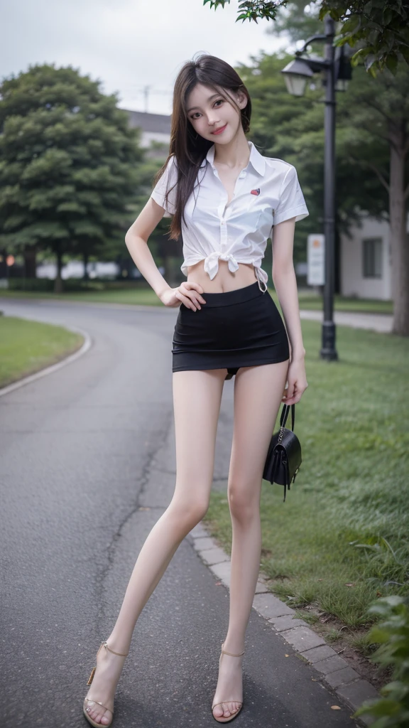 RAW, masterpiece, best quality, extremely detailed, 8k, HDR, photorealistic, intricate, A skinny Asian girl, she has an extremely-thin body, narrow and small hips, long straight hair, wearing a short sleeve shirt and black extremely-short microskirt, standing, smile, outdoors