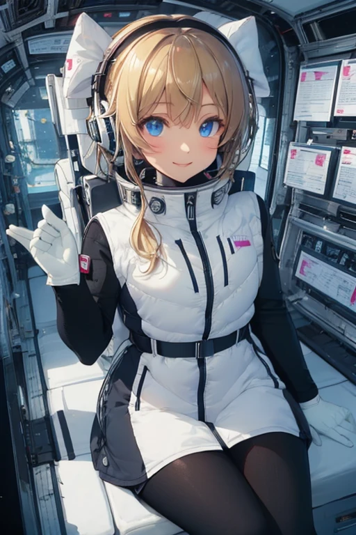 masterpiece, highest quality, high resolution, breasts, 20yo,1 girl,(solo):2,,blonde hair,(inside space station):2,flying:2,floatong:2,zero gravity,wind:1.5,anime lovelive style,

BREAK
headphone,(futurstic tight-fit bodysuit):2,(shiny silver long downvest):100,(northface silver metallic puffy downvest):2,(puffy):2,(black sleeves):5,(black tights):2,(black belt),futuristic boots and gloves,(smartwatch):100,astrovest
BREAK
1 girls, sitting in spacecraft cabin with 4-point seat belt, securely fastened, space station interior, looking out of large windows at Earth below, beautiful eyes, she have aluminum foil pouch,(aluminum foil pouch with plastic viewing window):2, contains nutritious liquid or puree together, smiling and chatting, bright and cheerful expressions, high quality cinematic lighting, detailed textures, sharp focus,blue hair,blue eyes,
