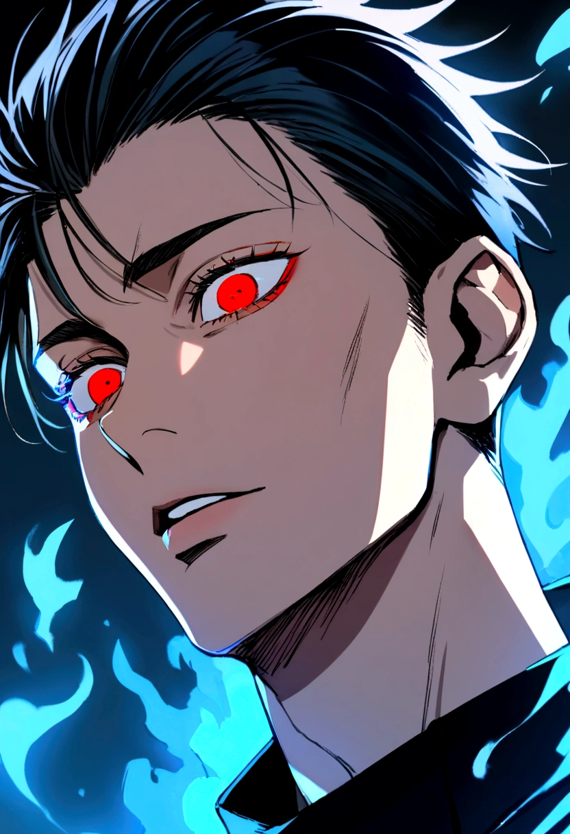1 boy, red eyes, black hair, jujutsu kaisen character, blue aura