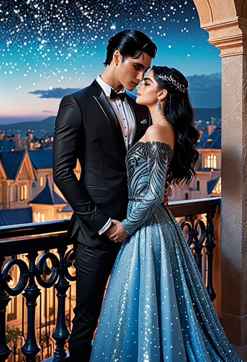 Rhysand short black hair, dressed in a black suit and Feyre in a light blue sparkly dress watching Starfall on the balcony in Valeris 