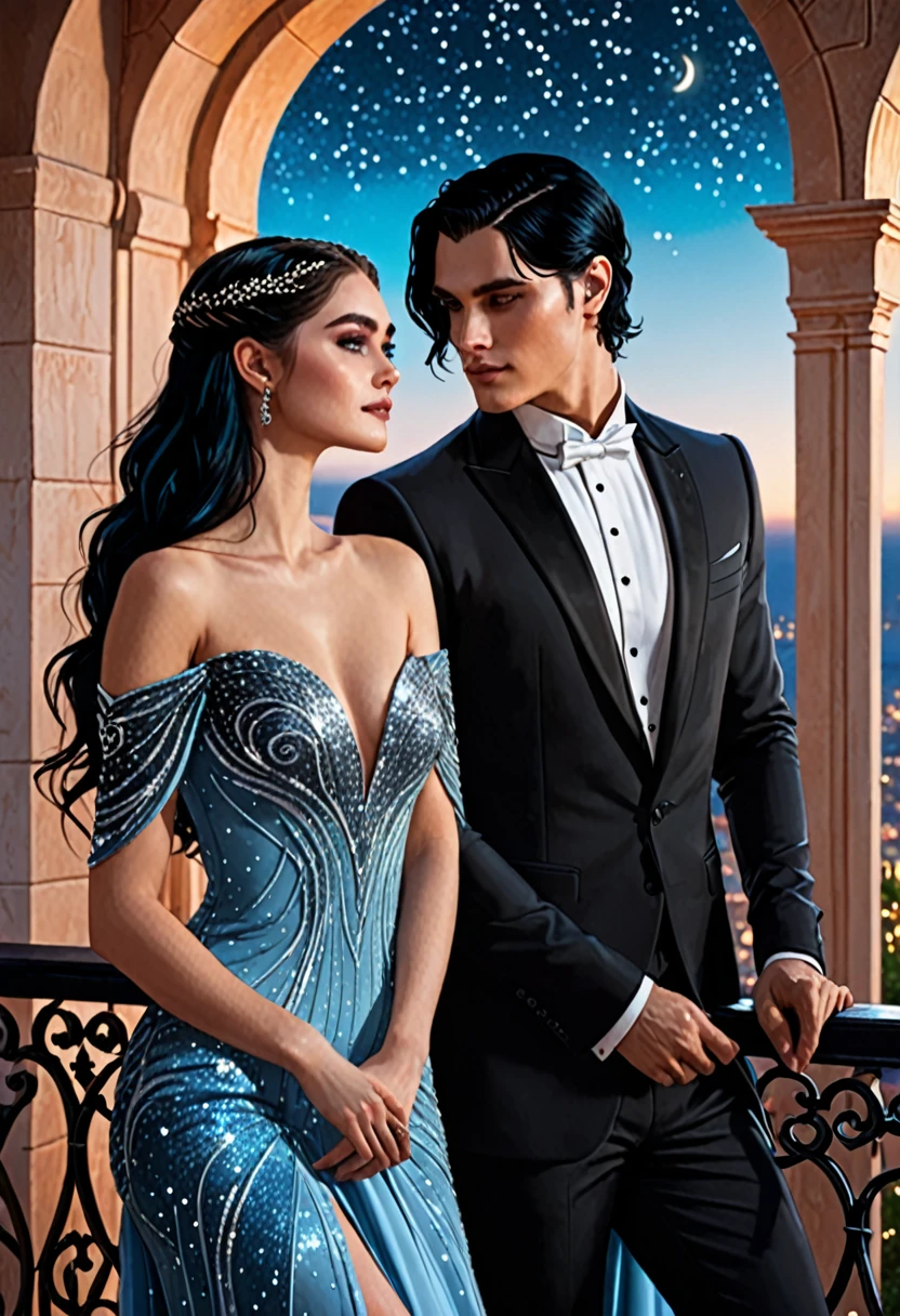 Rhysand short black hair, dressed in a black suit and Feyre in a light blue sparkly dress watching Starfall on the balcony in Valeris 