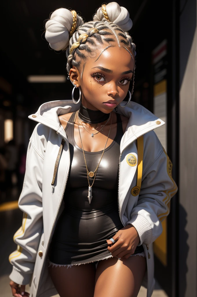 Make a -yeld bl woman with braided hair tied in two buns with highlights on her face, ela usa piercing, silver earring and a silver heart necklace, is wearing a gold coat and a white tank top underneath