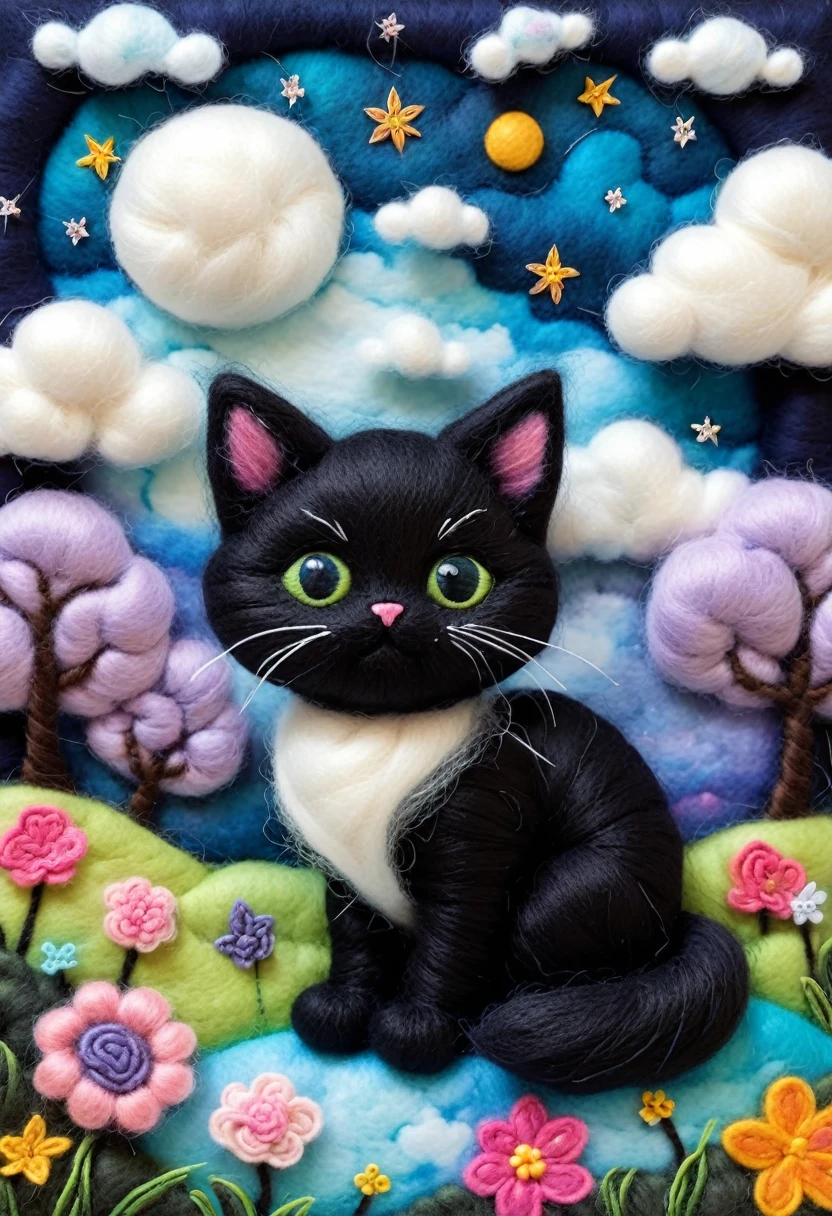 Artwork made of felt stitched onto felt canvas, Needle felt art: 1.5, Wool felt art: 1.5, Kitten masterpiece, fairyland, floating kitten, fluffy clouds, black cat, innocent and playful black cat, dreamy space, intricate details, high detail, high quality, master piece,