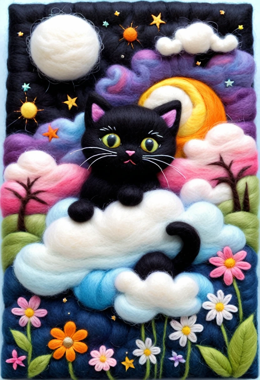 Artwork made of felt stitched onto felt canvas, Needle felt art: 1.5, Wool felt art: 1.5, Kitten masterpiece, fairyland, floating kitten, fluffy clouds, black cat, innocent and playful black cat, dreamy space, intricate details, high detail, high quality, master piece,