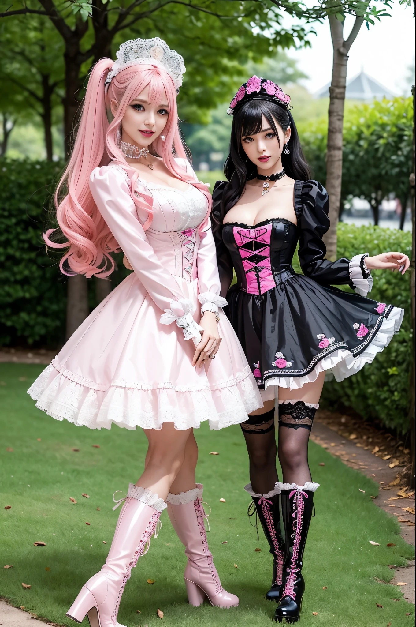 sexy stylish Spanish model, only 1 female, ((doll-like appearance)), long neon pink stylish hair, ((ultra detailed Victorian-Style boots)), happy smile, ultra detailed eyes, vivid eye makeup, lipgloss, long lashes, defined eyebrows, ((sexy Paradise Kiss cosplay)), bell-shaped skirt, petticoats, high neckline, puffed sleeves, (( ultra detailed lace)), ((ultra detailed embroidery)), intricate details, Paradise Kiss accessoires and matching headpiece, choker, ((large sparkling Paradise Kiss jewelry)), cinematic light, detailed large park background with trees