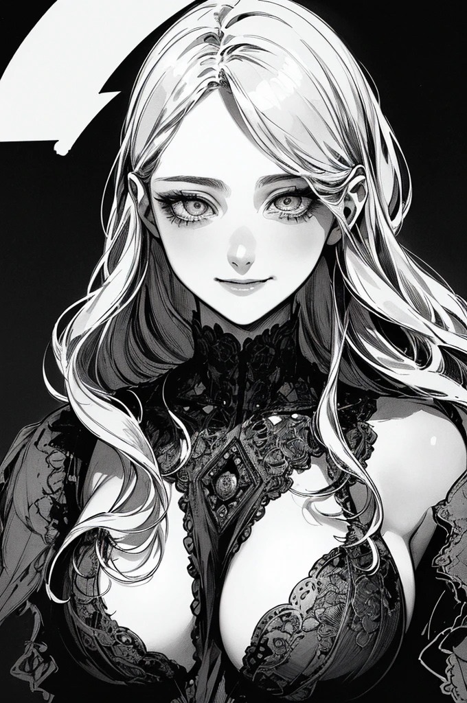 Highest quality, (Background details), High Contrast, Very beautiful woman, Detailed original illustrations、functional、Delicate face、charm、Villainess、sexy、Real breasts、Wicked Smile、 Crazy Eyes, Head close-up, Black background, (Black background: 1.5), Beautiful line art、Monochrome