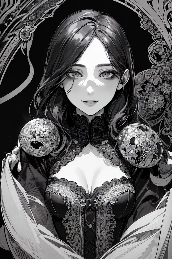 Highest quality, (Background details), High Contrast, Very beautiful woman, Detailed original illustrations、functional、Delicate face、charm、Villainess、sexy、Real breasts、Wicked Smile、 Crazy Eyes, Head close-up, Black background, (Black background: 1.5), Beautiful line art、Monochrome