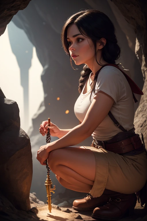Create a realistic image of disney snow-white discovering an golden key while standing on the top of a view point in an underground cave. Snow-white is wearing her classic 'snow white ' outfit: a a dark blue t'shirt with red sleeves black cargo shorts, sturdy boots. She is illuminated by the light from her golden key, which casts flickering shadows on the cave walls. The cave is filled with intricate carvings, ancient symbols, and stalactites hanging from the ceiling.snow white is kneeling or bending down, opening a door with a golden key. The golden key is a detailed. perfect face, ultra detailed face, perfect brown eyes, beautiful face, perfect anatomy. Additional Details: Background: Underground cave with intricate carvings, ancient symbols, stalactites, and shadows cast by the torchlight. Lighting: it's dark, night time, Flickering torchlight illuminating the scene, creating dramatic shadows and a sense of mystery. (8k, RAW photo, best quality, masterpiece:1.2),ultra-detailed, (high detailed skin:1.2), 8k uhd, dslr, soft lighting, high quality