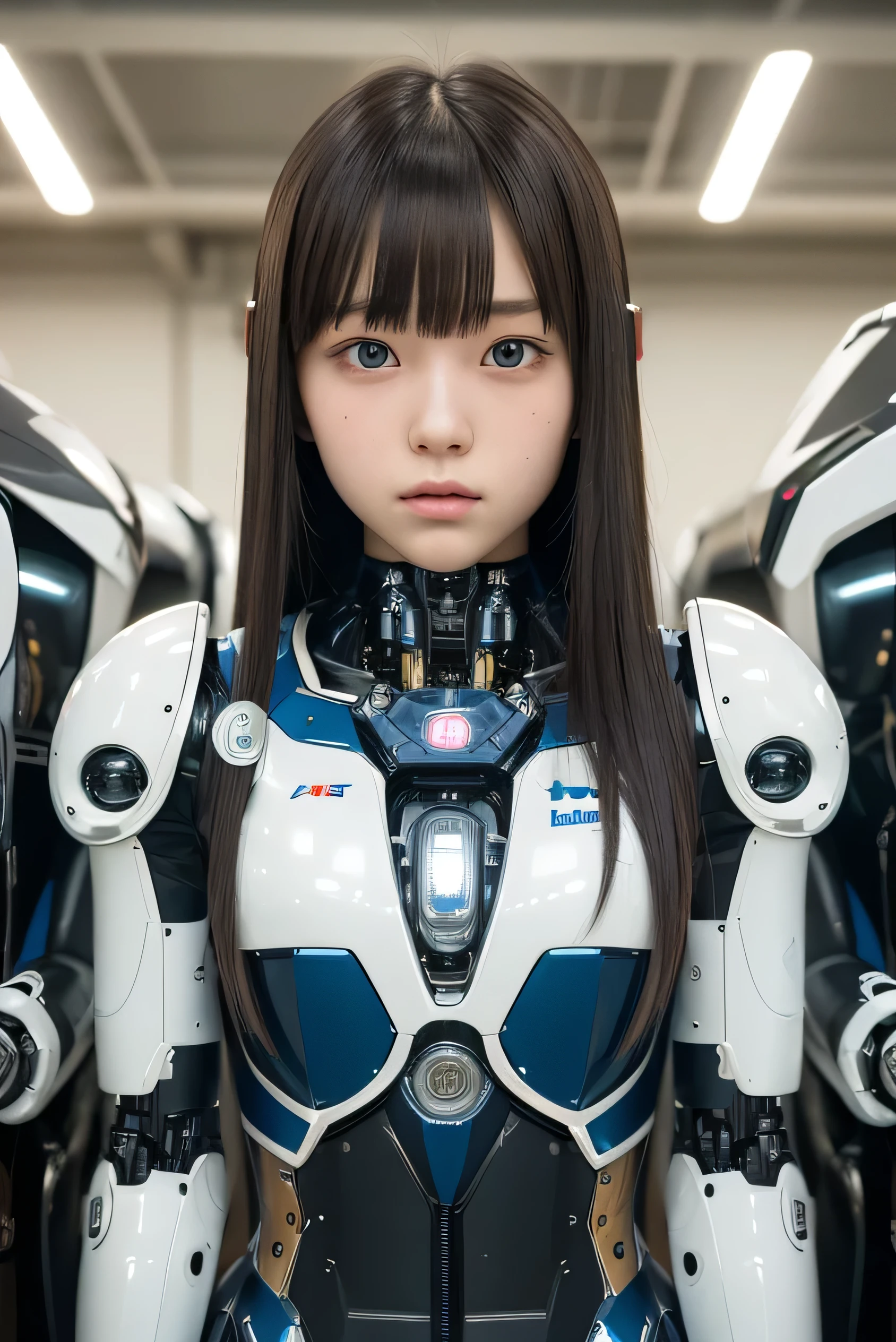 masterpiece, best quality, extremely detailed,portrait, Japanese android girl,teenager,18 years old,highschool student,Blunt bangs,perfect teenager robot,Japanese highschool uniformPlump ,control panels,robot arms,robot,android,cyborg,white robot body,charging spot,blunt bangs,blue eyes