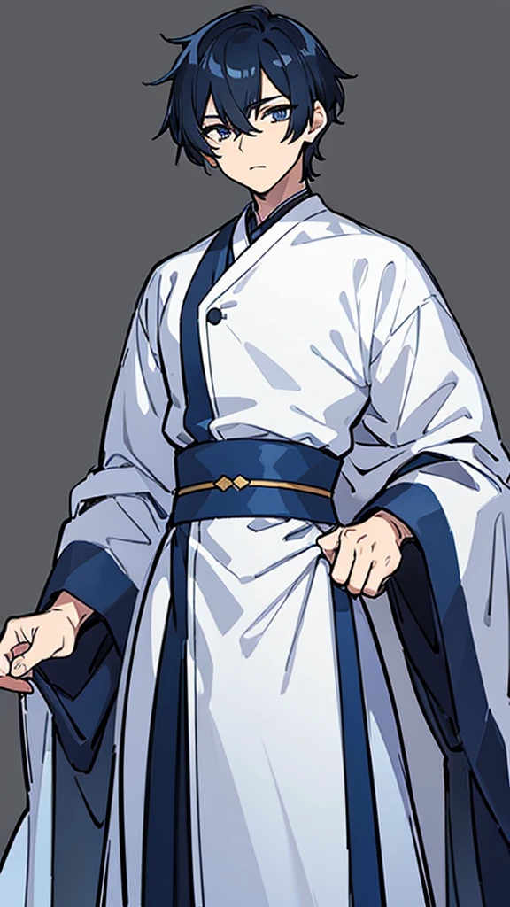 1 male, beautiful character, short dark blue hair, gray eyes, white Medical gown white background