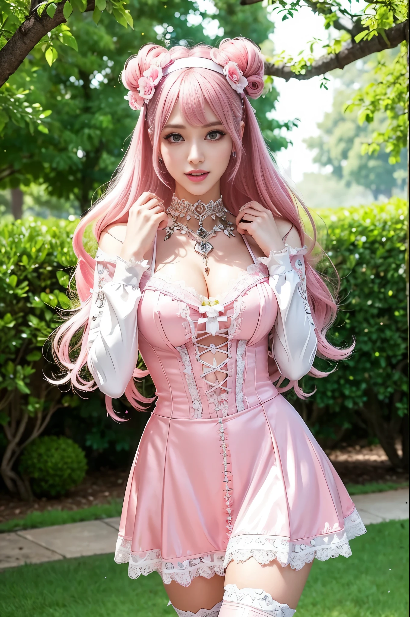 sexy stylish Swedish model, only 1 female, ((doll-like appearance)), long neon pink stylish hair, ((shiny Victorian-Style boots)), (beautiful smile), ultra detailed eyes, vivid eye makeup, lipgloss, long lashes, defined eyebrows, ((sexy Paradise Kiss cosplay)), bell-shaped skirt, petticoats, high neckline, puffed sleeves, (( ultra detailed lace)), ((ultra detailed embroidery)), intricate details, Paradise Kiss accessoires and matching headpiece, choker, ((large sparkling Paradise Kiss jewelry)), cinematic light, detailed large park background with trees