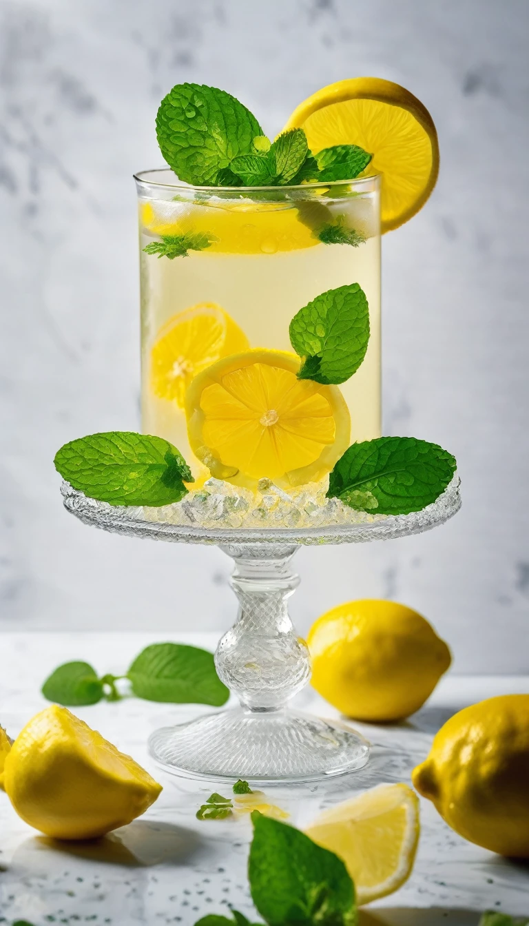 In a clear glass with water droplets floating in it、Lemon squash with floating mint leaves and lemon cake on a plate