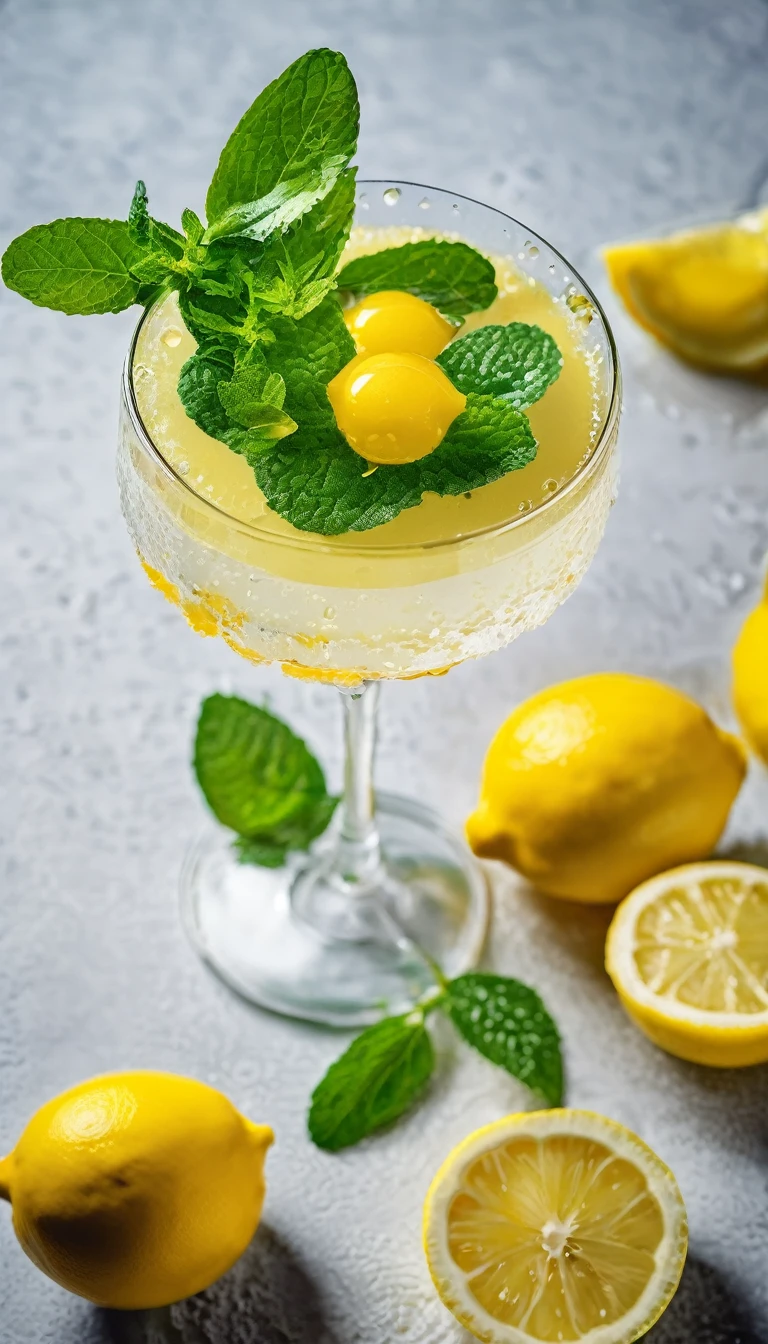 In a clear glass with water droplets floating in it、Lemon squash with floating mint leaves and lemon cake on a plate