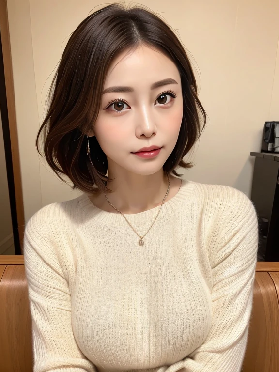 ((Browsing Caution))、(masterpiece:1.5)、(8K)、(Realistic:1.5)、RAW Photos、(Best image quality:1.4)、(Sharp focus:1.5)、 Highest quality、masterpiece、Ultra-high resolution、Perfect dynamic composition、 20-year-old、thin、Beautiful woman:1.4、Serious expression、 She is wearing a white long-sleeved knitted dress.、 Light brown hair、Bobcut、Shiny Hair、 Highly detailed face、fine grain、double eyelid、 Natural color lip、Transparent muscles、