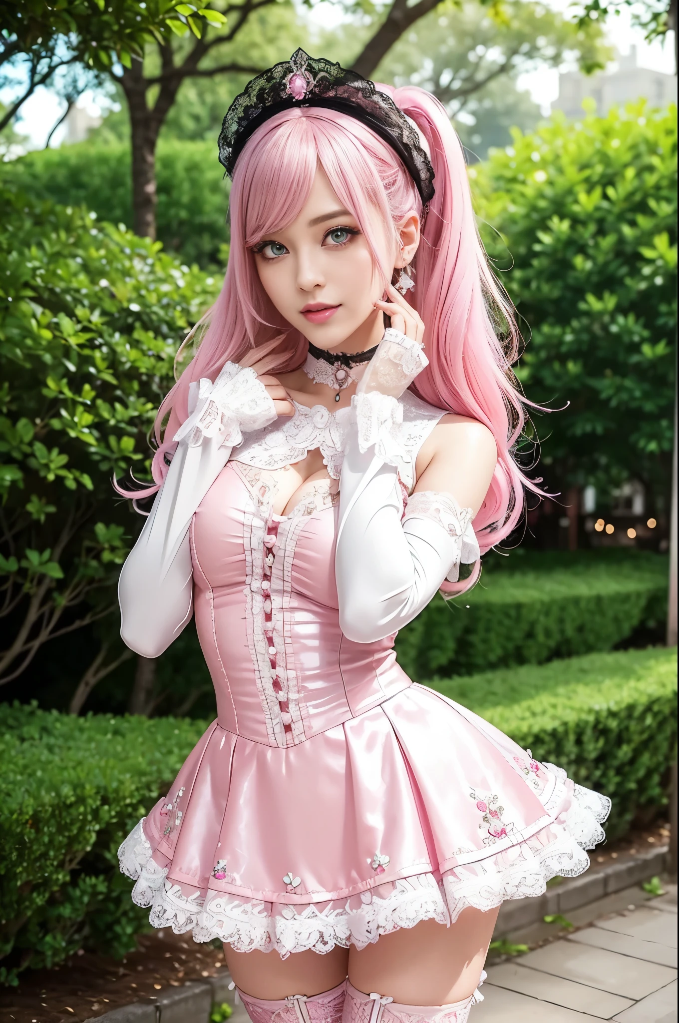 sexy stylish Swedish model, only 1 female, ((doll-like appearance)), long neon pink stylish hair, ((shiny Victorian-Style boots)), (beautiful smile), ultra detailed eyes, vivid eye makeup, lipgloss, long lashes, defined eyebrows, ((sexy Paradise Kiss cosplay)), bell-shaped skirt, petticoats, high neckline, puffed sleeves, (( ultra detailed lace)), ((ultra detailed embroidery)), intricate details, Paradise Kiss accessoires and matching headpiece, choker, ((large sparkling Paradise Kiss jewelry)), cinematic light, detailed large park background with trees