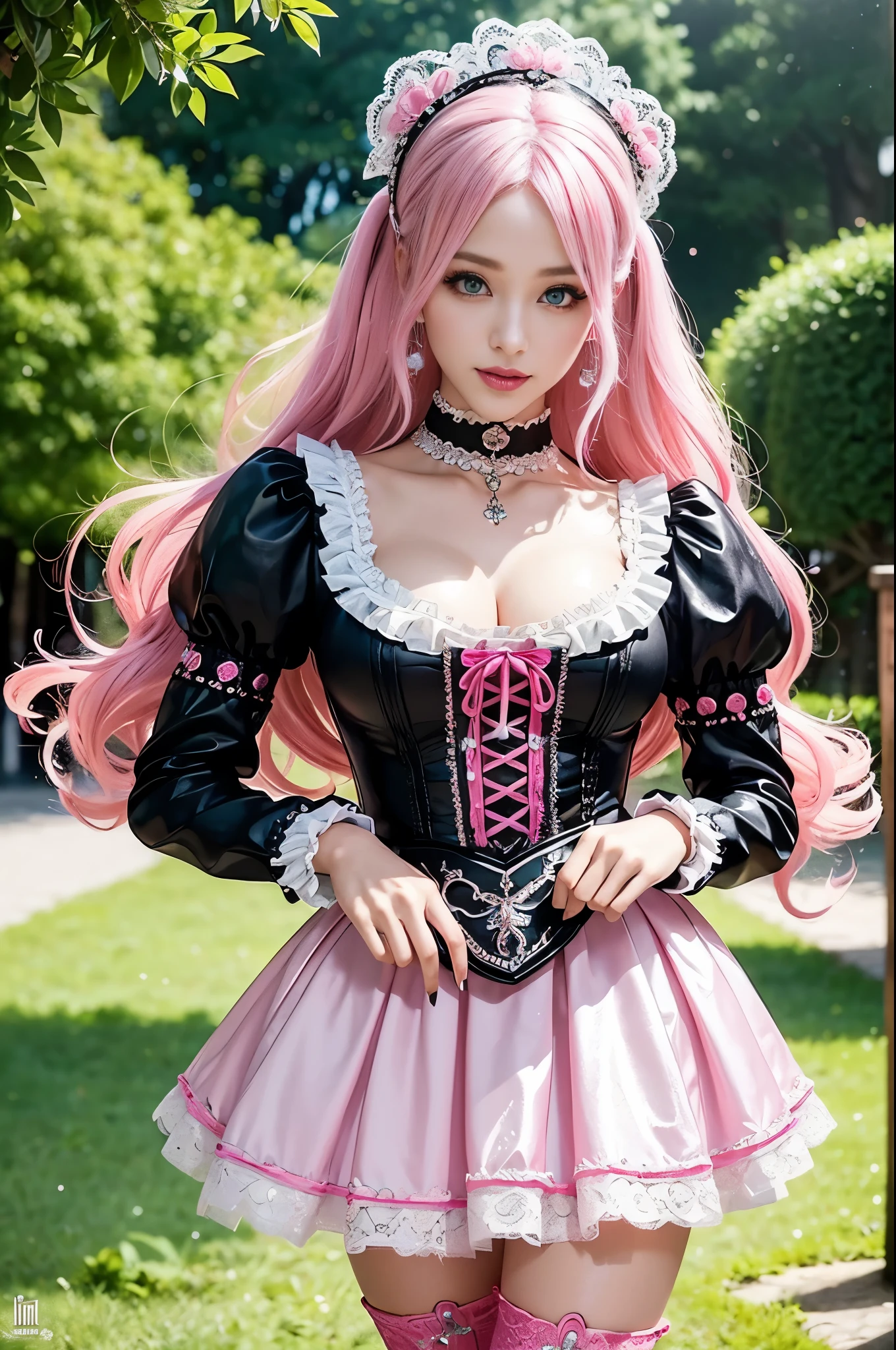 sexy stylish Swedish model, only 1 female, ((doll-like appearance)), long neon pink stylish hair, ((shiny Victorian-Style boots)), (beautiful smile), ultra detailed eyes, vivid eye makeup, lipgloss, long lashes, defined eyebrows, ((sexy Paradise Kiss cosplay)), bell-shaped skirt, petticoats, high neckline, puffed sleeves, (( ultra detailed lace)), ((ultra detailed embroidery)), intricate details, Paradise Kiss accessoires and matching headpiece, choker, ((large sparkling Paradise Kiss jewelry)), cinematic light, detailed large park background with trees