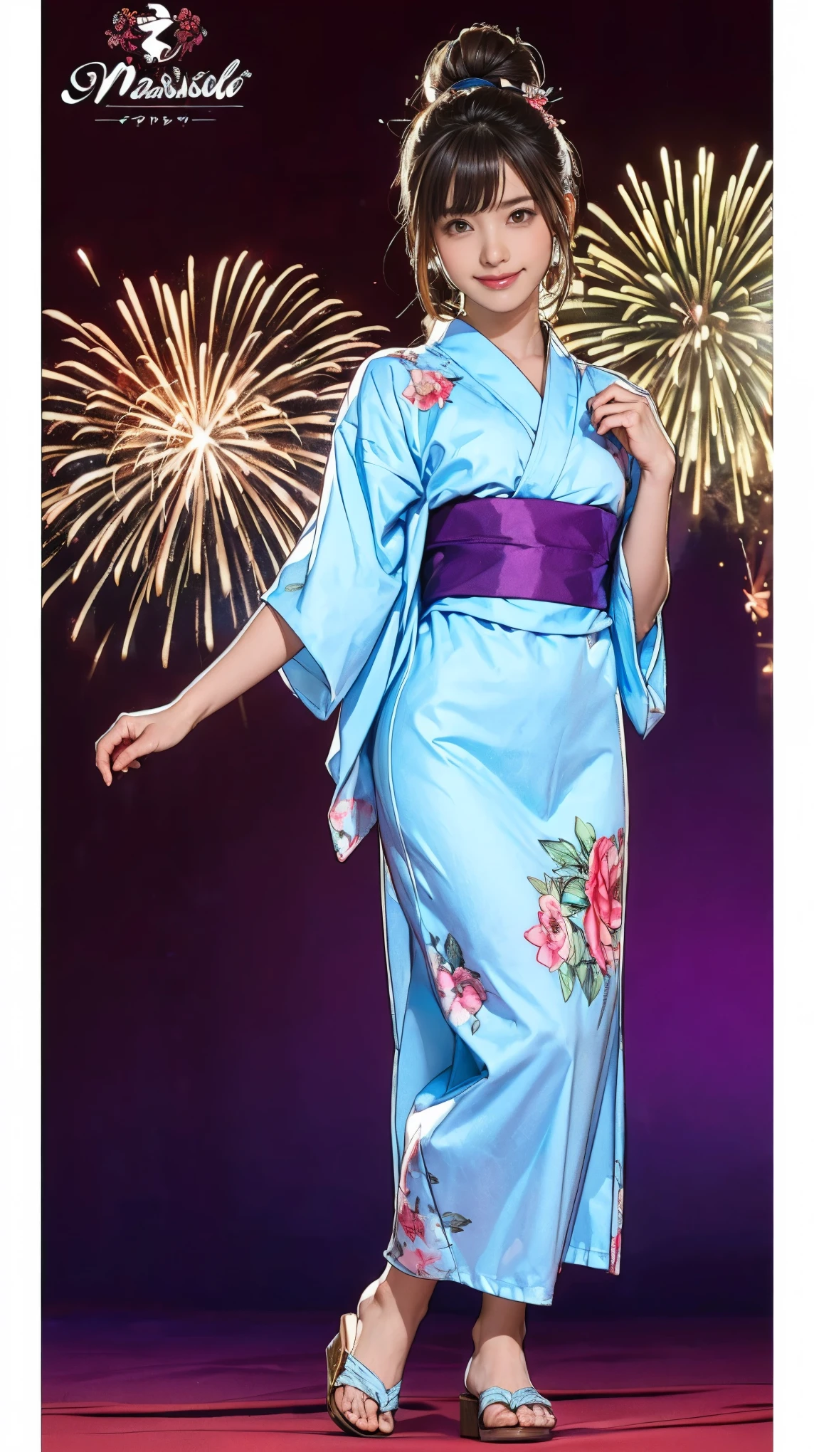 ((masterpiece)),(((Highest quality))),((Character design sheet)),Japanese yukata with flashy plant and floral patterns:1.5,Stylish sandals:1.5,The best smile:1.5,Full Body Shot:1.5,Night fireworks background:1.5,Flashy makeup with red eyeshadow:1.5,Bun Hair:1.5,