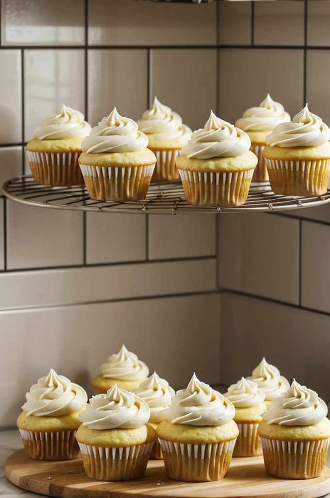 A real picture of at least 50 vanilla cupcakes, in an average home kitchen, The cupcakes are on a rack and the kitchen light is warm.