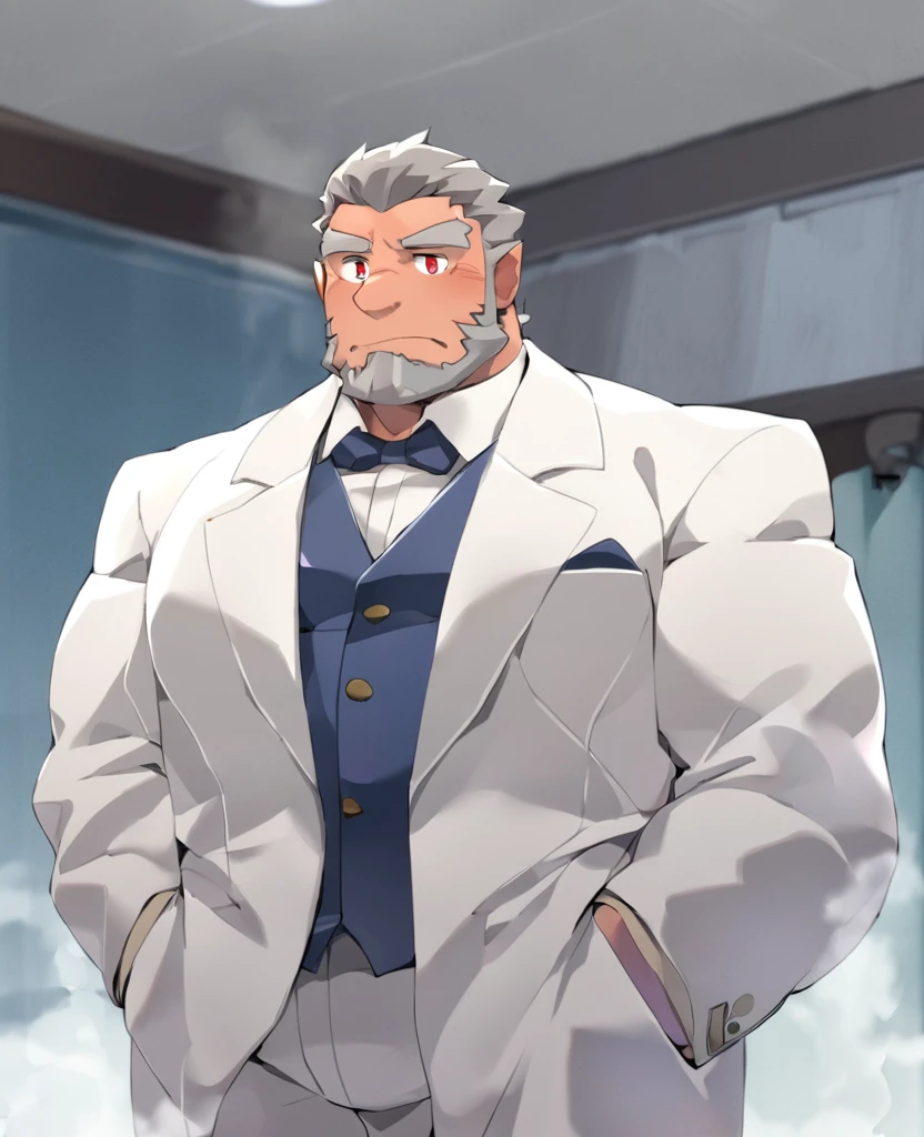 dragon,personification,Mature male,Strong Man,White hair,naked,Cold expression,Golden pupils,Gray eyebrows,White suit suit,Hands in pockets,The Age of Steam。