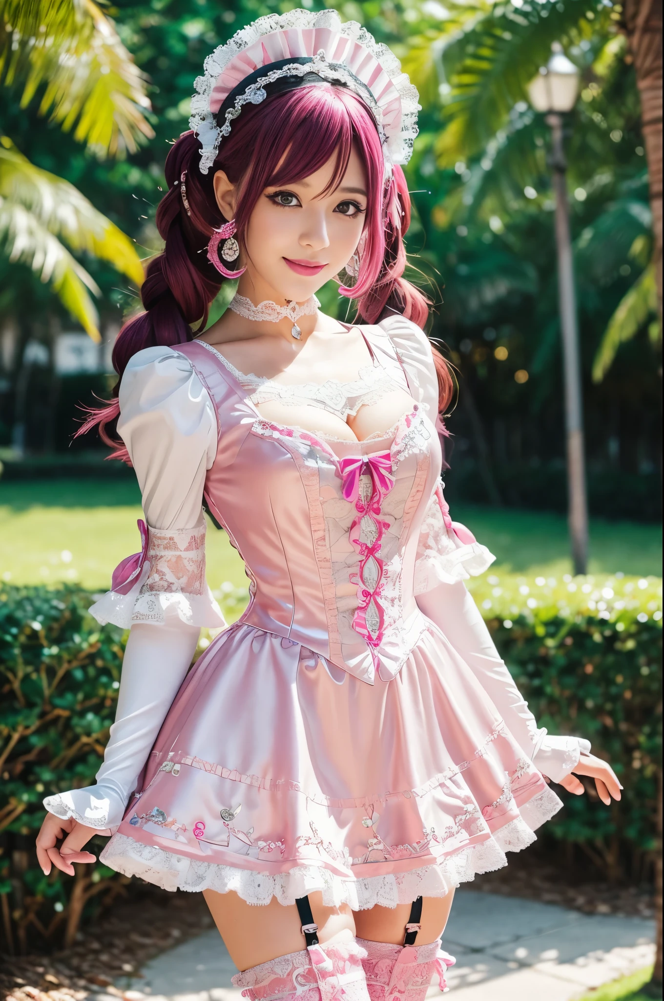 sexy stylish Swedish model, only 1 female, ((doll-like appearance)), long neon pink stylish hair, ((shiny Victorian-Style boots)), (beautiful smile), ultra detailed eyes, vivid eye makeup, lipgloss, long lashes, defined eyebrows, ((sexy Paradise Kiss cosplay)), bell-shaped skirt, petticoats, high neckline, puffed sleeves, (( ultra detailed lace)), ((ultra detailed embroidery)), intricate details, Paradise Kiss accessoires and matching headpiece, choker, ((large sparkling Paradise Kiss jewelry)), cinematic light, detailed large park background with trees