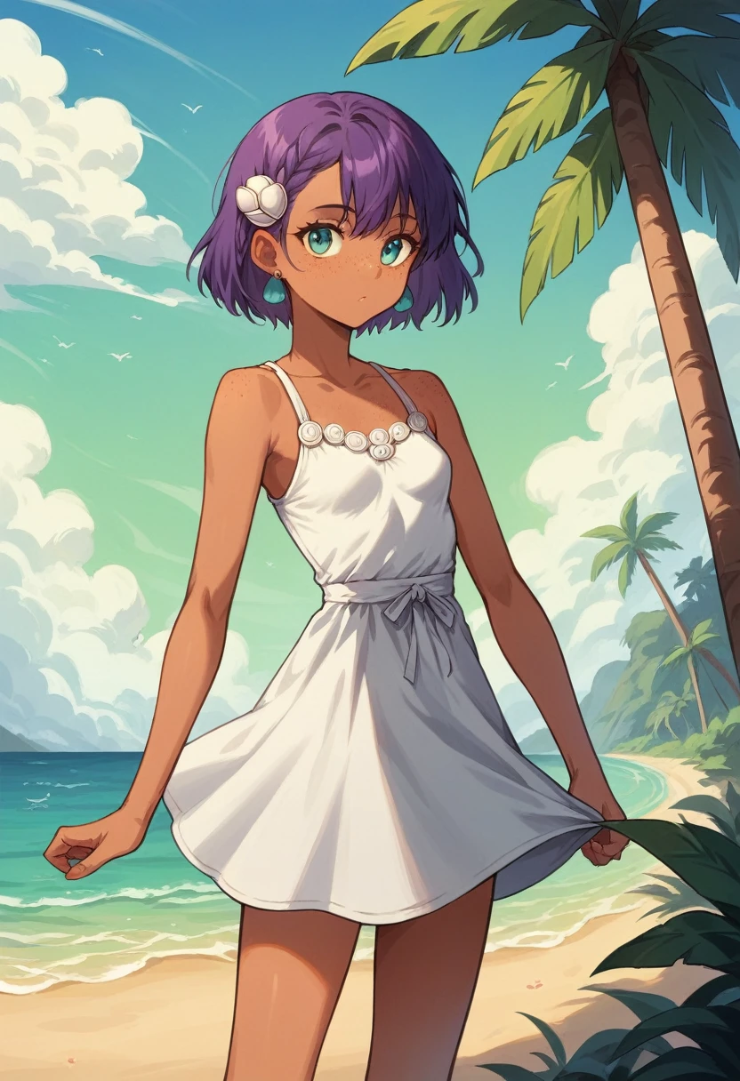 best quality, masterpiece, super high resolution, perfect anatomy, 1girl, purple hair, short hair, braided sidelocks, long bangs, medium sidelocks,  shell hair ornament,  shell earrings, aqua eyes, small breasts, tanned skin, freckles, narrow waist, skinny, 23 years old, incredibly absurdres, sundress, sleeveless_dress,  beach, tropical 