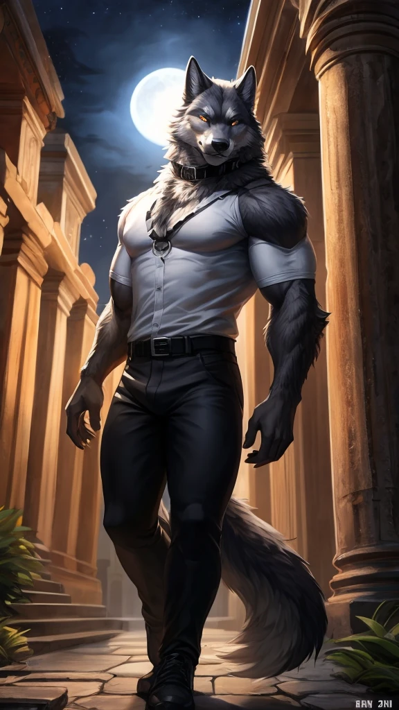 
male wolf, full body covered in fluffy fur, large muscular chest, volumetric abdomen, day, Sensual, detailed, Uploaded to e621, beautiful and detailed portrait of an anthropomorphic gray wolf (((male))) subtract, ross tran, Ruan Jia, sent to e621, zaush, Foxovh, film lighting, moon lights in an ancient city, glowing eyes, gray fur, he is wearing black pants and a white shirt, he is wearing a collar
