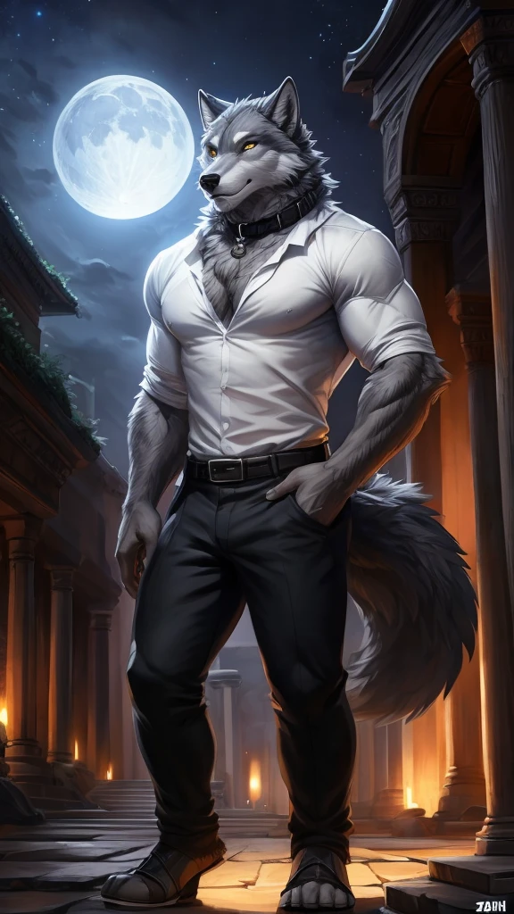 Correct anatomy, furry, furry, wolf (Abinus), male, wolf nose, one blue eyes and one red, cute, black skin, large wolf tail, fluffy gray hair))). Bare body, black shorts, rough slits, (milk), splashed on body (full body), kneeling, saliva, desert temple, extremely detailed art, tesudo, gorgeous colors, professional photos, various angles, detailed landscapes, hdt, tinta, dark light, more alluring settings, ultra 8k, HDR.
